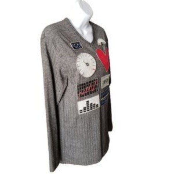 YMLA Ribbed Tunic Top Vintage Embellished V Neck Long Sleeve Gray Black Small - Picture 6 of 8